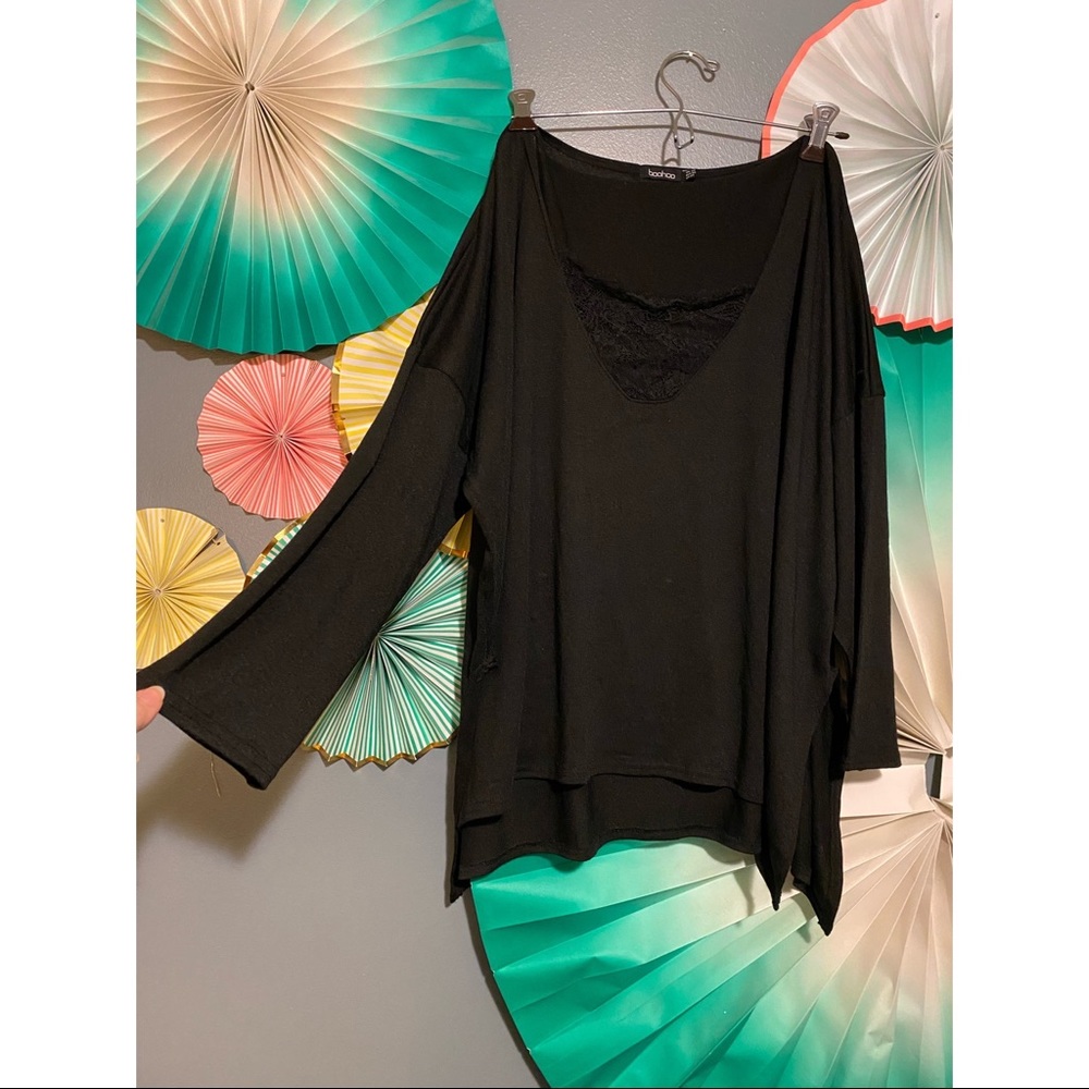 black sweater with lace v neck